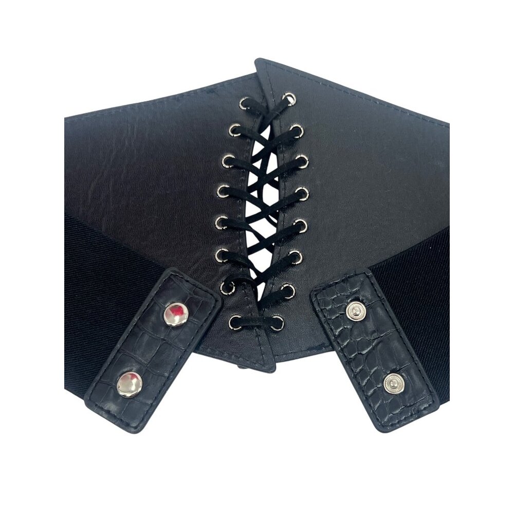 Black Faux Leather Corset Lace-Up Front Snap Closure Croc-Embossed Wide Belt - Picture 8 of 14